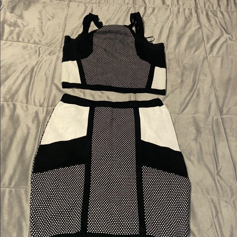 Black and white color block skirt set